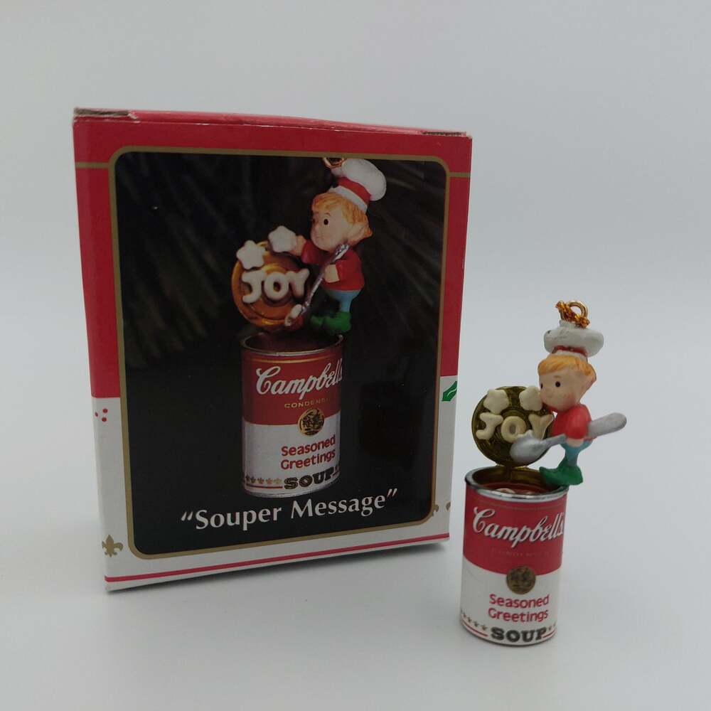 Vtg 1993 Enesco Campbells Soup Ornament Souper Message Kids Box 584924 Mini Can
